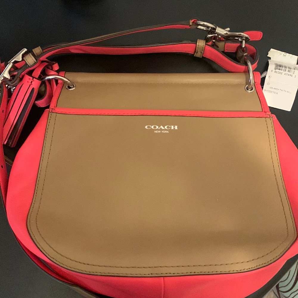 NWT - Coach Tan & Coral Leather Color Blocked Saddle Crossbody